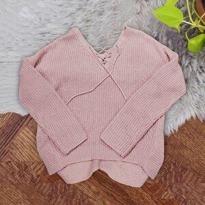 Seven Sisters- High-Low Knit Strappy Front V Neck Knit Sweater